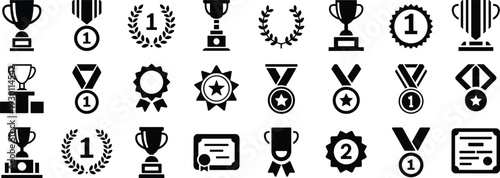 Award trophy and medal icon set, winner achievement symbols isolated on white background