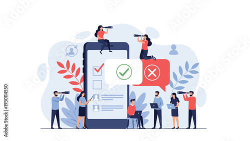 Users interacting with a voting app on a large smartphone to provide feedback with checkmarks and cross symbols.