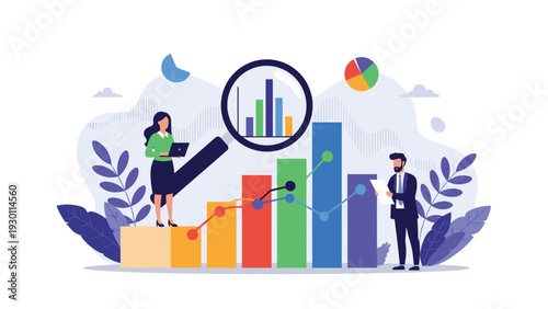 Professional business team analyzing financial data and market trends with magnifying glass over colorful bar charts and graphs.