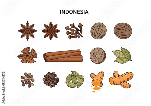 Assorted Indonesian Spices and Herbs Display.