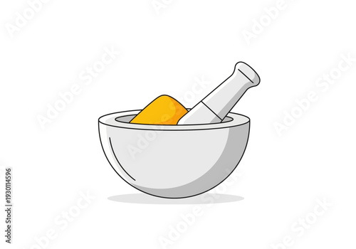 Mortar and Pestle with Yellow Substance Inside.