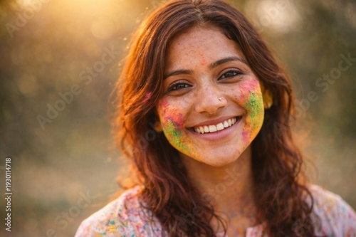 portrait of a young woman during celebration of holi 