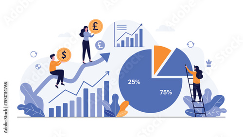 Financial experts analyzing market share and currency trends using giant pie chart and statistical data for economic forecasting.