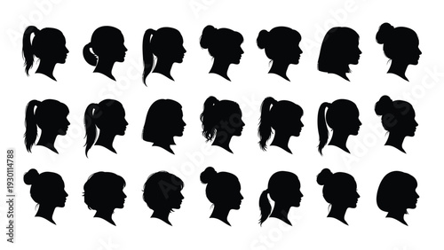 Collection of black silhouettes of women's hairstyles isolated on white background, Vector
