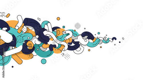 Abstract colorful organic shapes and tubes flowing horizontally across a white background representing creativity and fluid motion.