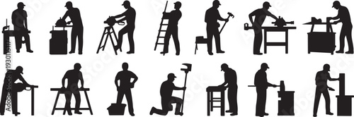 Carpenter and woodworker silhouettes set, professional craftsmen with tools and workbench isolated on white background