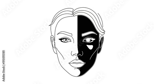 A graphic illustration depicting the duality and contrast within a human face presented in