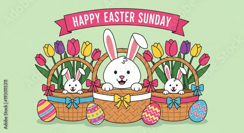 Three white easter bunnies in baskets with colorful tulips and eggs on easter sunday