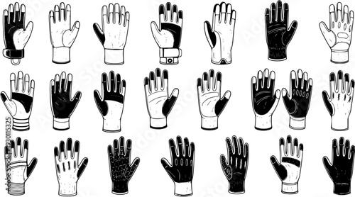 Assorted Glove Collection: Handwear Variety in Black and White Vector Illustration