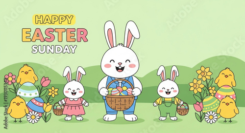 Happy easter sunday cartoon bunny family with chicks and flowers in colorful outfits