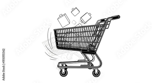 Dynamic shopping cart with falling products symbolizing rapid consumerism and efficient retail