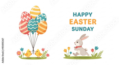 Easter sunday illustration with bunny chicks balloons and colorful flowers on white background