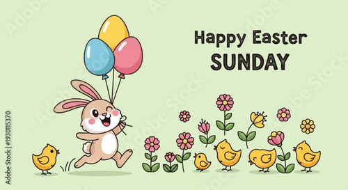 Easter bunny runs with colorful balloons and chicks in spring flowers on happy easter sunday