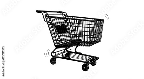 Dynamic monochrome illustration of a retail shopping cart on a pristine white background with