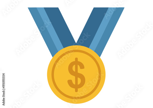 A gold medal with a dollar sign hanging from a blue ribbon, symbolizing financial reward and achievement in a competitive context