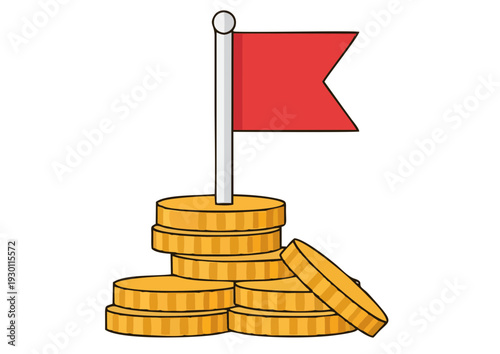 Coins stacked high with a red flag on top, symbolizing success and achievement in financial growth and wealth accumulation