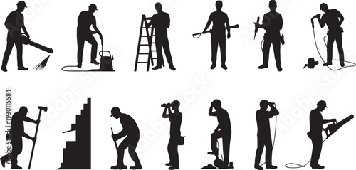 Construction and industrial worker silhouettes with tools equipment isolated on white background