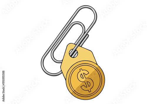 Illustration of a gold coin with a dollar sign attached to a silver paperclip, symbolizing financial value and creative ideas