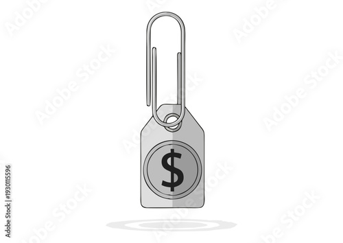 A silver keychain with a dollar sign hangs from a metal clip on a transparent background