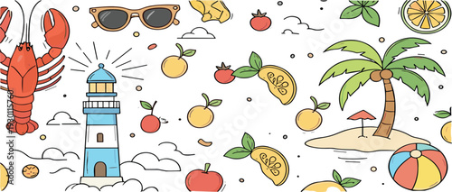 Cute Hand Drawn Summer Vacation Vector Set with Lighthouse, Lobster, Tropical Island, Fruits, Sunglasses and Beach Elements