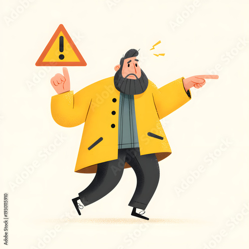 Man holding warning sign pointing sideways.