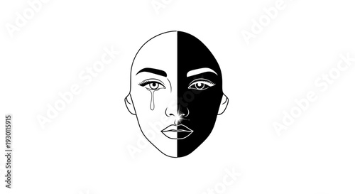 Striking minimalist black and white face vector art depicting duality emotion and introspection