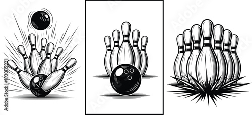 Black and White Vector Illustration Set of Bowling Balls Hitting Pins for Sports Competition Leisure Activity and Bowling Alley Branding