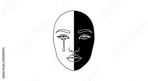 Abstract illustration of emotional duality with a split face showing contrasting feelings and