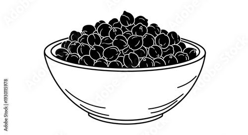 Simple black and white line art illustration of a bowl brimming with nutritious garbanzo beans,