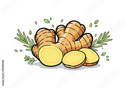 Fresh Ginger Root with Slices and Leaves.