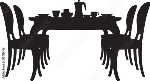 Black silhouette of table and chairs with dishes cups