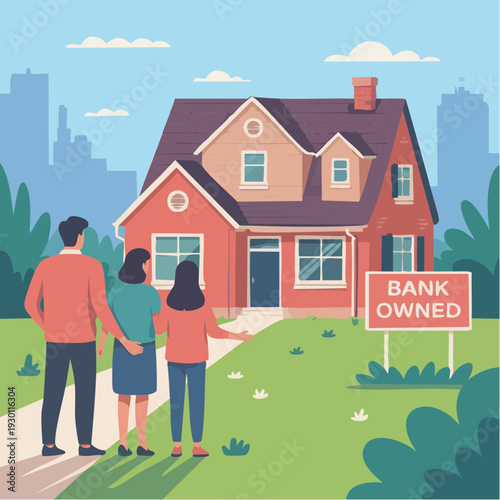 Family Looking at Bank Owned House for Sale in Suburban Neighborhood