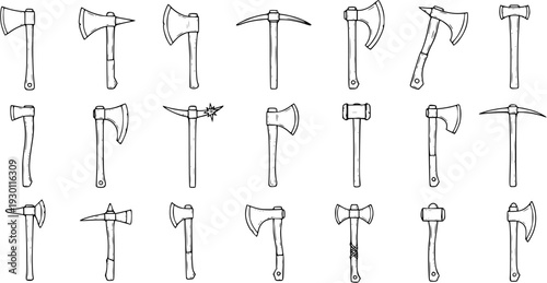 Axe Collection: Assortment of Black and White Outline Tools, Vector Illustration