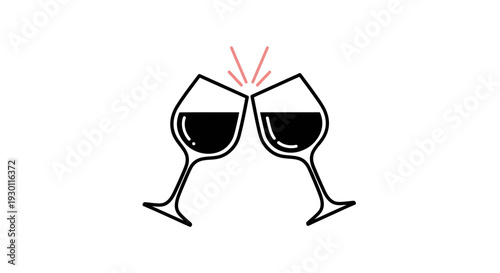 Elegant minimalist line art illustration of two wine glasses clinking for a celebration or toast