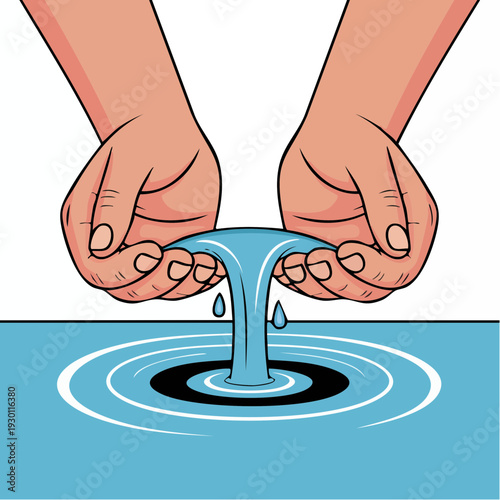 Hands Pouring Clean Blue Water into Rippled Surface, Symbolizing Conservation
