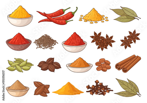 Assorted Spices and Herbs in Bowls and Whole.
