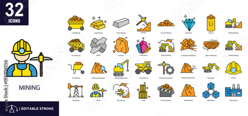 Set of 32 Mining icons in line color style.