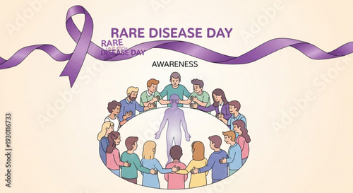 Rare disease day awareness campaign with people holding hands around a purple ribbon on a beige background