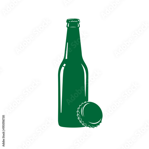 A full green glass bottle of cold alcoholic beer beverage with wet droplets remains isolated on a transparent white background as a single blank object for refreshment