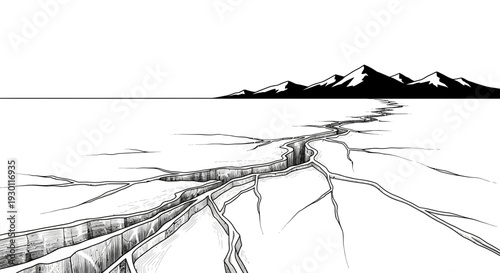 A vast icy plain deeply fractured under a distant, jagged mountain range horizon