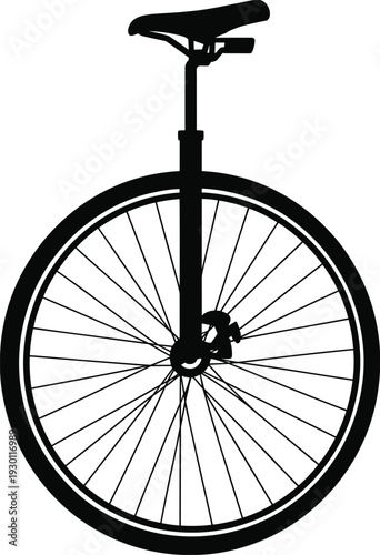Black silhouette of a classic unicycle, one wheeled bicycle for circus performers and balanced street transport isolated on white background.