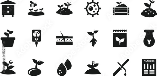 Black Vector Silhouette Icon Set Featuring Sustainable Agriculture, Beehive, Soil Testing, Seed Germination, Irrigation Drops, Potted Plants, Fertilizer Bag, and Nutrient Data Analysis Charts.