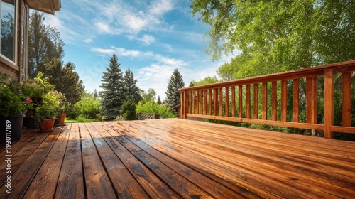 Shiny wooden deck with a wooden fence and various plants in front of a house