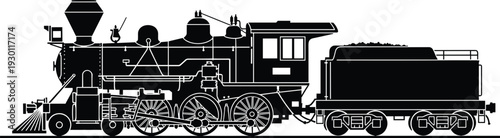 Vintage steam locomotive silhouette in side view with detailed wheels and coal tender, classic railway train vector illustration isolated on white background.