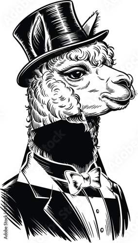 Vintage engraved alpaca gentleman wearing top hat and bow tie, black and white line art illustration, elegant animal portrait for logo, tattoo, poster