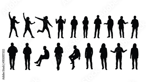 A collection of black silhouettes of people in various poses isolated on white background, Vector