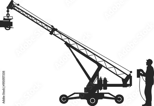 Black silhouette of a professional camera crane operator working with a large film jib, movie production equipment isolated on white.