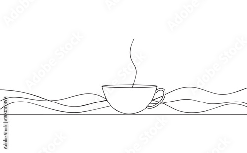 Continuous line drawing of a steaming cup of coffee