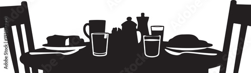 Black silhouette of table set for two with food and drink