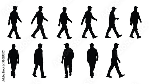 A group of silhouetted people walking in different directions isolated on white background, Vector
